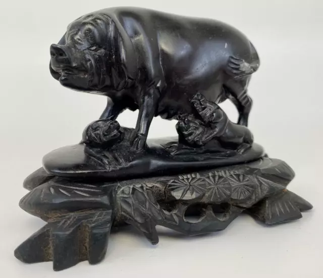 Vintage Chinese Chinoiserie Black Stone Carved Mother Pig Babies Figure on Stand