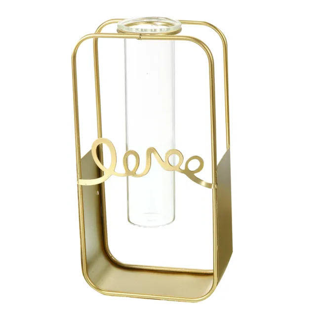 Metal Rack Stand Clear Glass Flower Vase Plant Container Rectangle, Gold