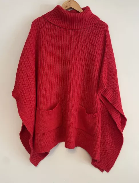 PERRI CUTTEN Red Alpaca Merino Wool Blend Knit Poncho Pullover Jumper L Rollneck