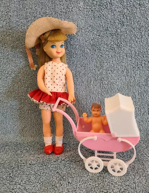 Vintage 1966 Tutti Barbie Doll, Blonde, RARE Walkin' My Dolly #3552, Baby Buggy