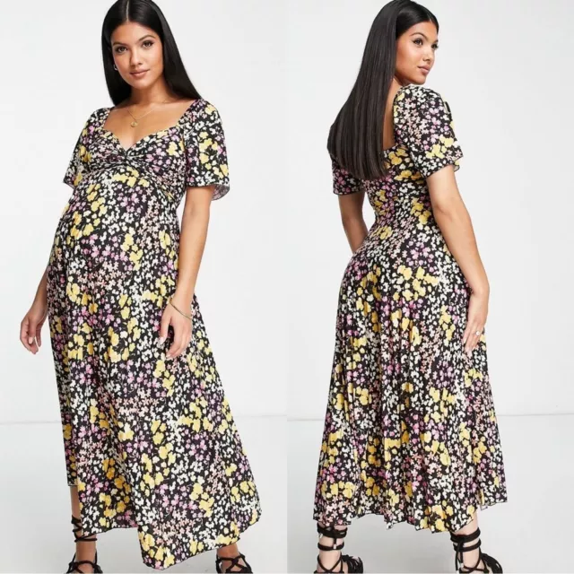 ASOS DESIGN Maternity pleated knot detail midi dress in black base floral 6