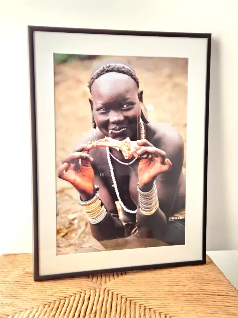 African Omo Tribe~ 14" Framed Color Photograph~Smiling Woman Eating~Ethiopia