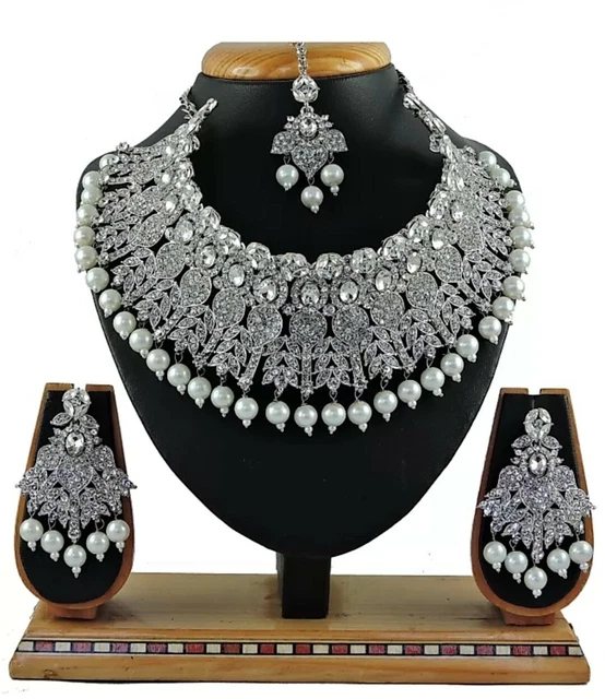 Indian Bollywood Fashion Silver Plated Party Jewelry Diamond Necklace Set White