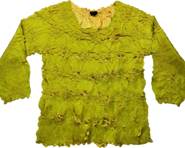 Origami Magic Scarf Womens 3/4 Sleeve Krinkle Top Blouse OSFM Chartreuse Yellow