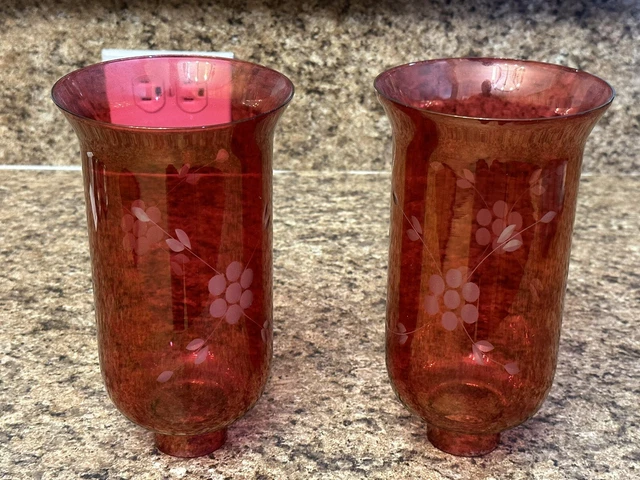 Pair (2) of Etched Cranberry Glass Hurricane Luster Shades Floral 8”x1-5/8” EXC