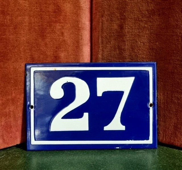 Vintage French enamel house white raised sign number 27 for door gate wall .
