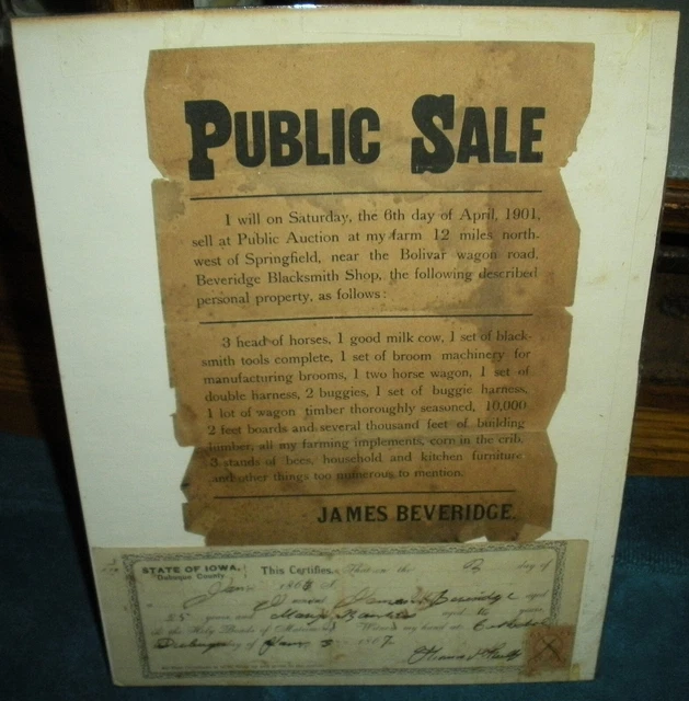 ANTIQUE 1867 & 1901 DOCUMENTS PUBLIC SALE OF SPRINGFIELD MO BLACKSMITH SHOP vafo