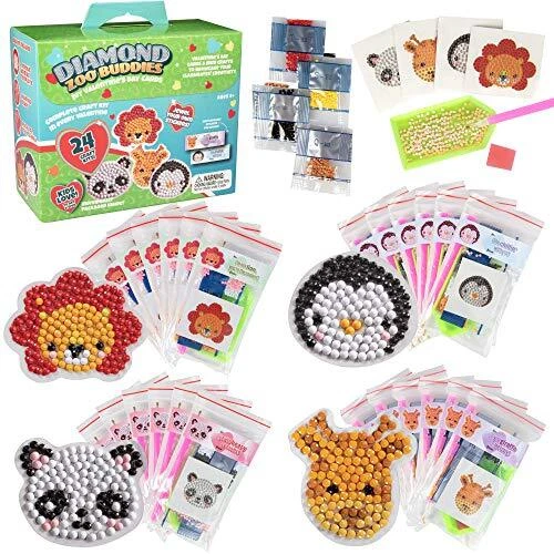 Kid's Valentine's Day Cards + Diamond Painting Kits - Zoo Buddies (24ct) -