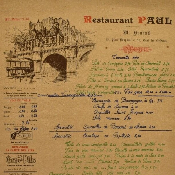 1967 MAISON PAUL Restaurant Menu Place Dauphine Quai Des Orfevres Paris