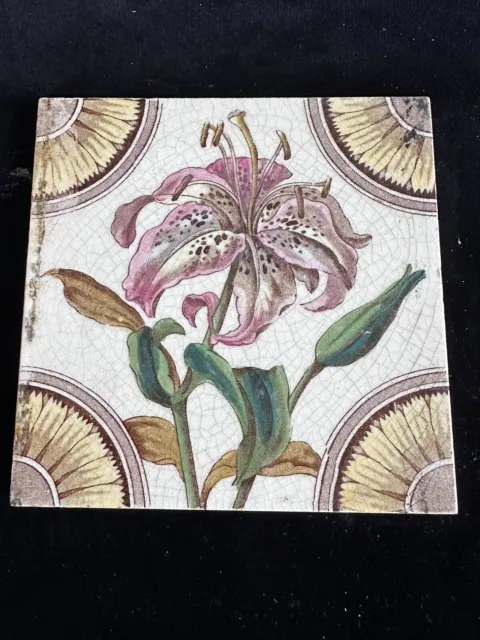 Lovely Old Vintage Antique Victorian Pottery Pink Orchid Sunflower Tile W&Ec