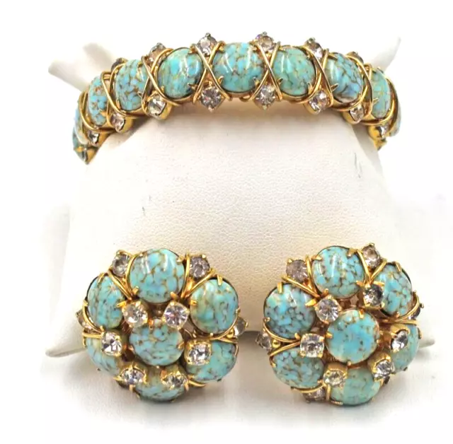 Hattie Carnegie Gold Tone Turquoise & Rhinestone Clip Earrings & Bracelet Set