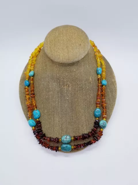 Jay King Sterling Silver Natural Amber Turquoise Multi Strand Bead Necklace 925