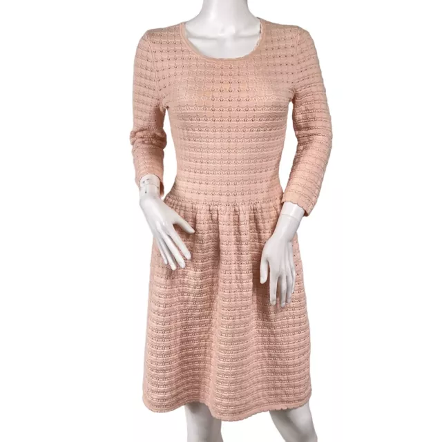 Trina Turk Peach Open Knit 3/4 Sleeve Fit Flare Crochet Sweater Dress Sz Small