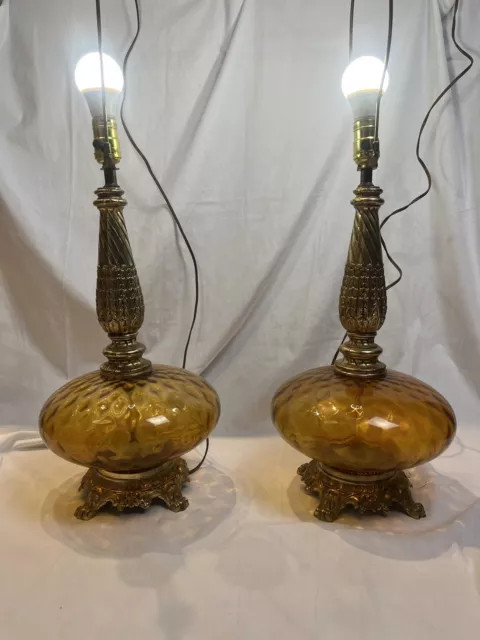 PAIR Mid-Century Gold Brown  Glass Table Lamp Brass Footed Hollywood Regency 31”