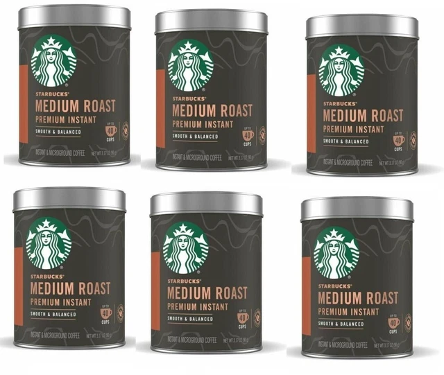 STARBUCKS PREMIUM INSTANT Coffee, Medium Roast 6 cans 3.17oz each BB 8/