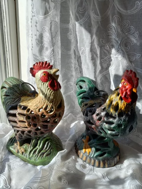 VTG Cast Iron Chicken Rooster Pair  Hanging Latern/Door Stop/Country Home Decor