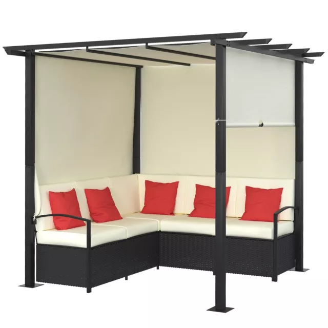 Set Salotto da Giardino Divano Angolare con Pergola Gazebo in Rattan Nero e