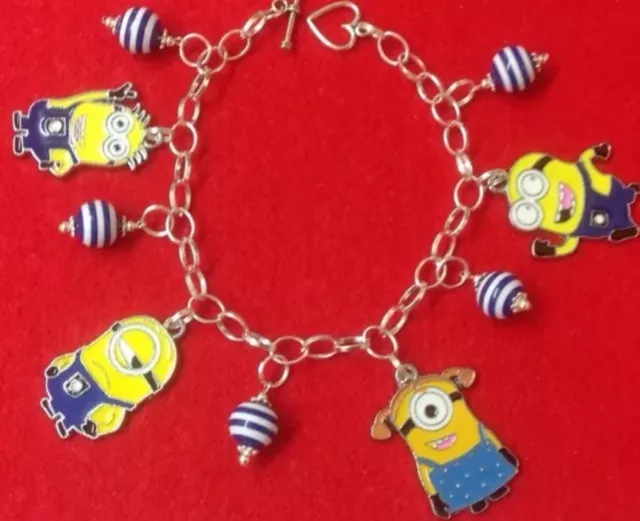 Hand Crafted DESPICABLE ME MINION Styled 4 Charm Beaded Silver Plated Bracelet