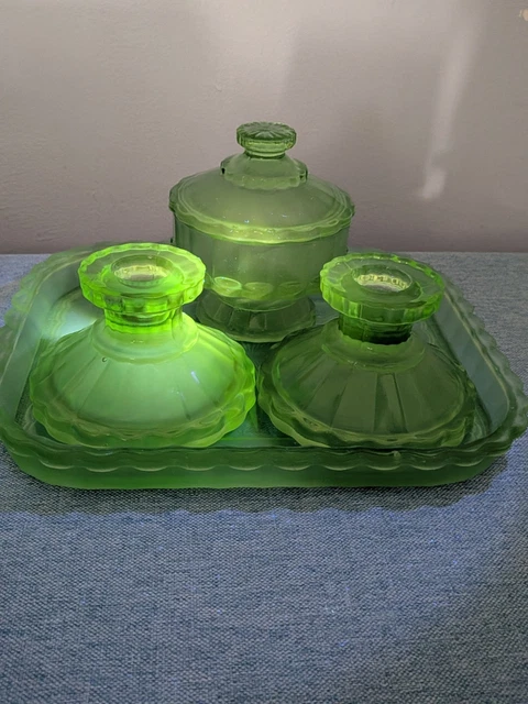 art deco green glass dressing table set URANIUM Vanity Style Frosted Depression Glass £40.00 CATEGORY::mini