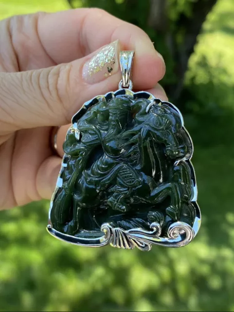 Nephrite Jade hand carved  Guan Yu pendant,platinum plated siver