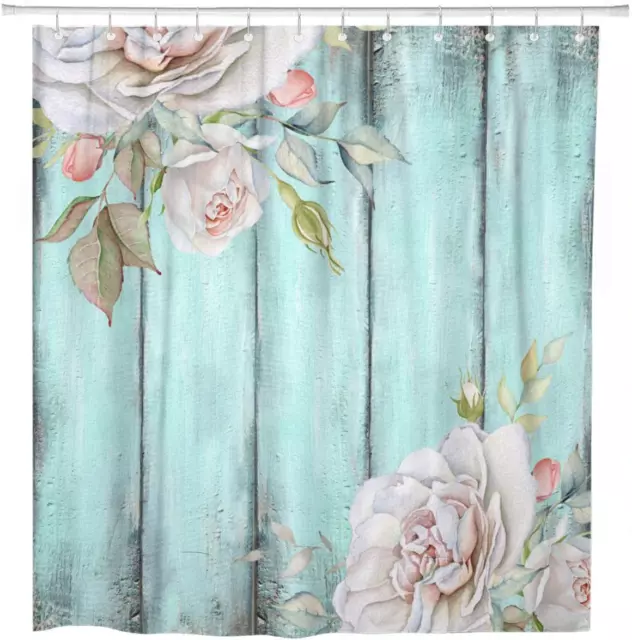 Shower Curtain Teal Rustic Shabby Country Chic Blue Curtains Wood Ros