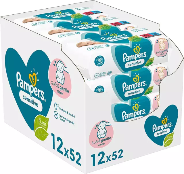 Pampers Sensitive Baby Feuchttücher, 624 Tücher (12 X 52), Ohne Duft, Eine Sanft