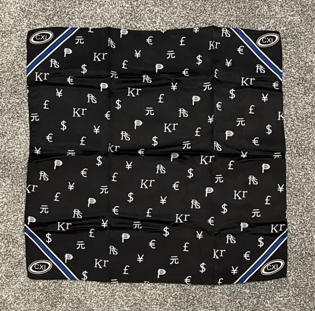 CXI Hand Made Black Silk 19.5” Pocket Square Scarf Currency Symbols $ £ € ¥ NWOT