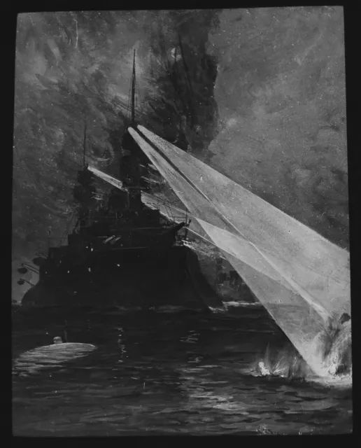 WW1 NAVY SHIP REPELLING A SUBMARINE AT NIGHT Magic Lantern Slide WORLD WAR ONE