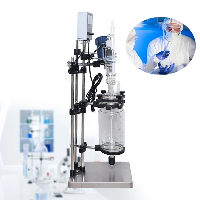 Lab 3L Jacket Chemical Reactor Glass 2 Layer Digital 680/rpm Reaction Vessel 90W
