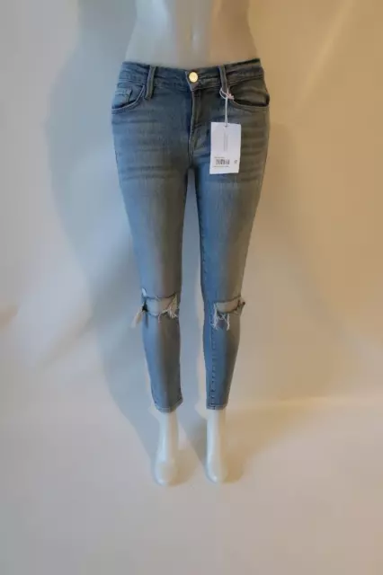 NWT Womens Frame Le Skinny de Jeanne Blue Crop Kincord Rip Knees Denim Jeans 27*