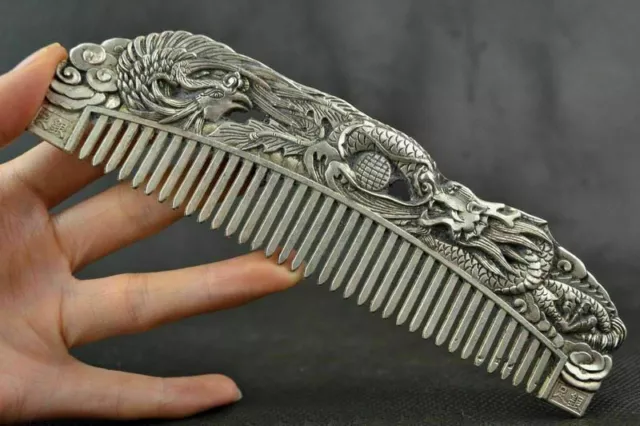 Chinese Old Decoration Collectibles Handwork Tibet Silver Carving Dragon Comb