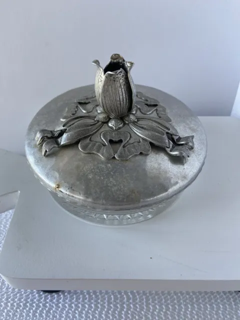 Vintage Rodney Kent Glass Candy Dish with Hammered Aluminum Lid 1950's