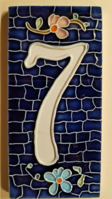 Glazed Ceramic House Tile # ' 7 ' Seven - Address Number - Blue