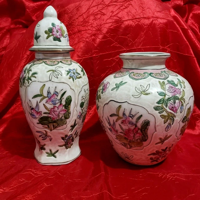 VTG PAIR CHINESE Ginger Jars w/Flowers & Birds Signed in Chinese