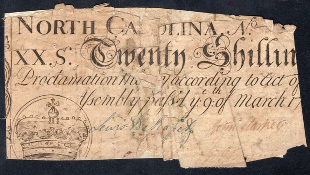 North Carolina Colonial Note Fr#NC-79 March 9, 1754 20 Shillings *Crown*