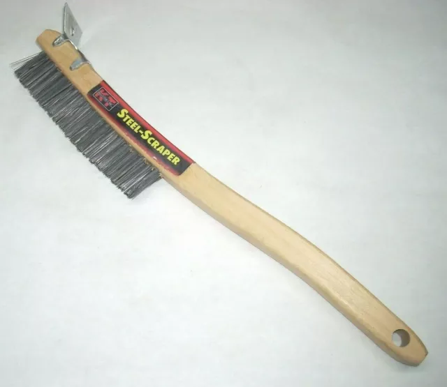 KT Industries 5-2221 Carbon Steel Wire Brush w Long Wood Handle & Scraper