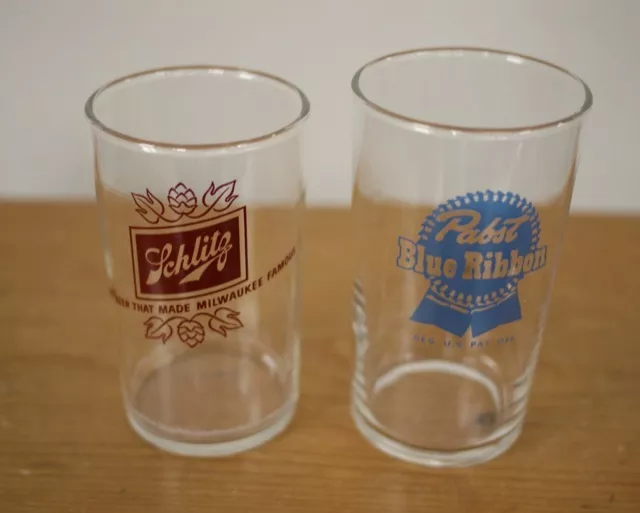 Pair of Vintage Pabst Blue Ribbon Schlitz Falstaff Libbey Beer Glasses Tumblers