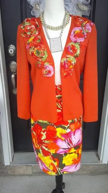 Amazing St John skirt suit  12 jacket floral metallic orange red L embellished