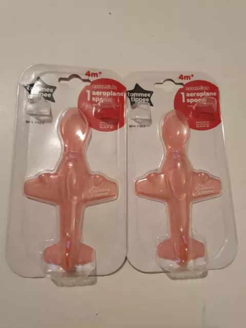 2x Tommee Tippee Pink Essential Aeroplane BPA Free Spoon - 4m+