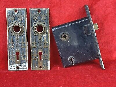 2 Eastlake 1862 Brass Backplates & Original Lockset, Fleur De Lis Pattern, Works