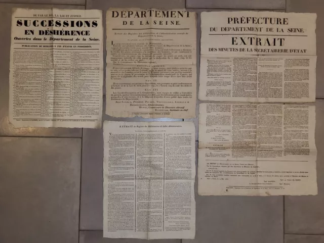 Lot d'anciens placards/affiches relatifs au département de la Seine, début XIXe.