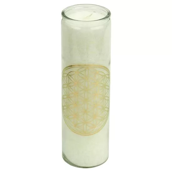 Stearin Kerze Blume des Lebens weiß in glas Glaskerze
