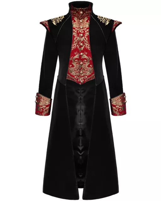 Devil Fashion Hommes Long Gothique Manteau Velours Noir Rouge Or Damas Régence