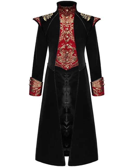 Giacca Cappotto Gotico Lungo Devil Fashion Uomo Nero Velluto Oro Rosso Damascato Reggenza Giacca Cappotto Gotico Lungo Devil Fashion Uomo Nero Velluto Oro Rosso Damascato Reggenza
