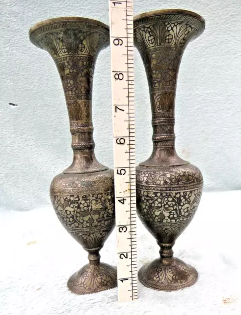 Pair Of Unpolished Highly Decorated Antique Indian Brass Vases 10" Tall Vgc