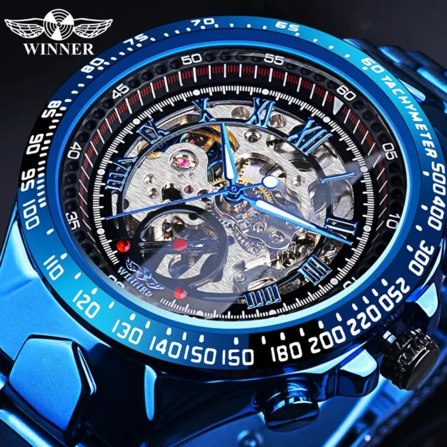 WINNER Men's Stainless Steel Watch Luxury Skeleton Automatic Mechanical Watches