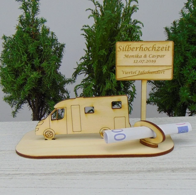 Cadeau Mariage Original Voiture Bois – Argent + LED + Nœud Papillon – Carte Félicitations Personnalisable Pour Mariés