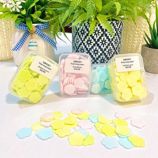 100Pcs/Box Disposable Cute Mini Flower Shape Paper Soap with Box Hand-wash;c;