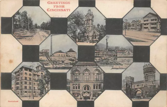 GREETINGS FROM CINCINNATI OHIO MULTI-VIEW HAND COLORED POSTCARD (c.1910)