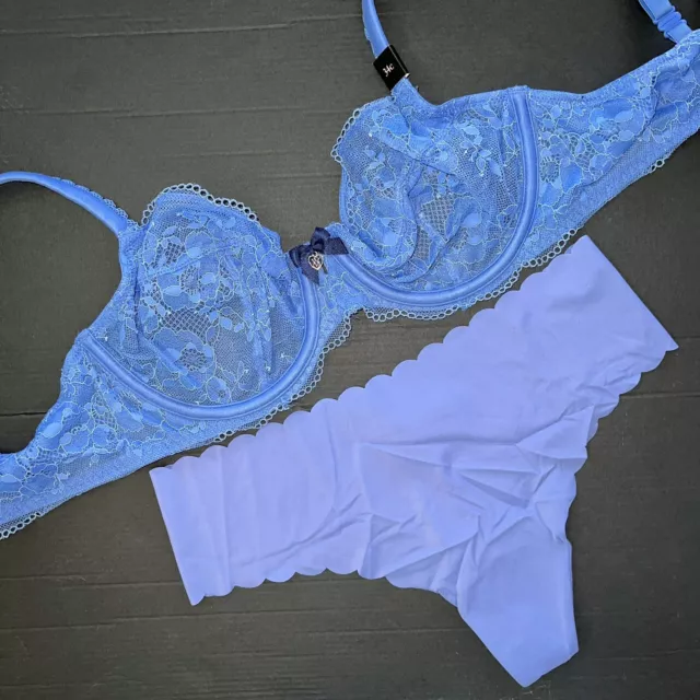 NWT Victoria's Secret unlined 34C BRA SET s thong TEAL blue yellow lace BODY  by